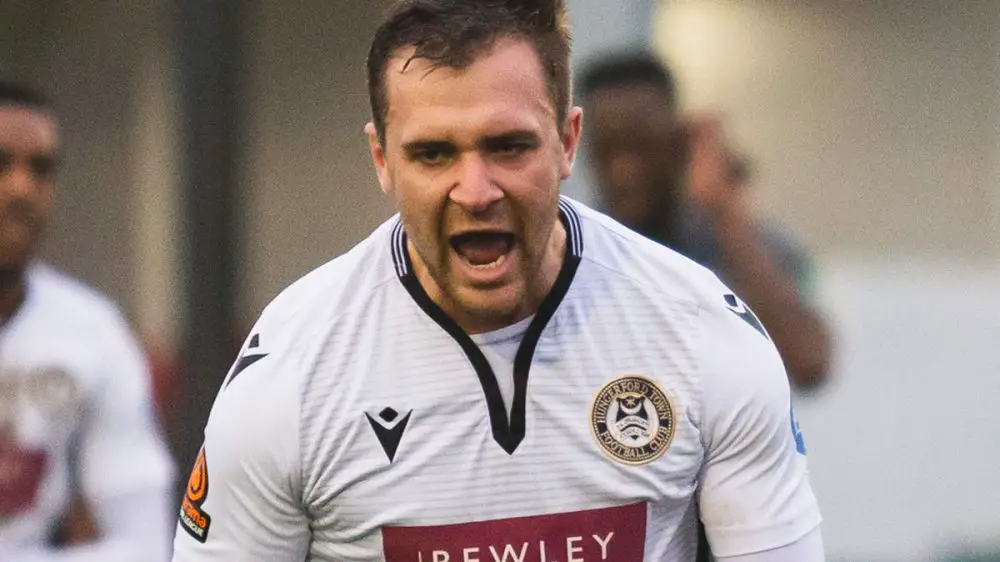 Ryan Seager celebrates for Hungerford Town. Photo: Darren Woolley / darrenwoolley.photos