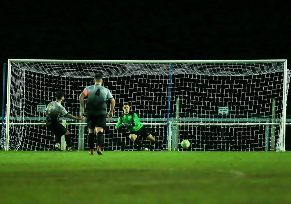 Shrivenham score a decisive penalty at Ascot United. Photo: Rob Mack/Shooting Stars
