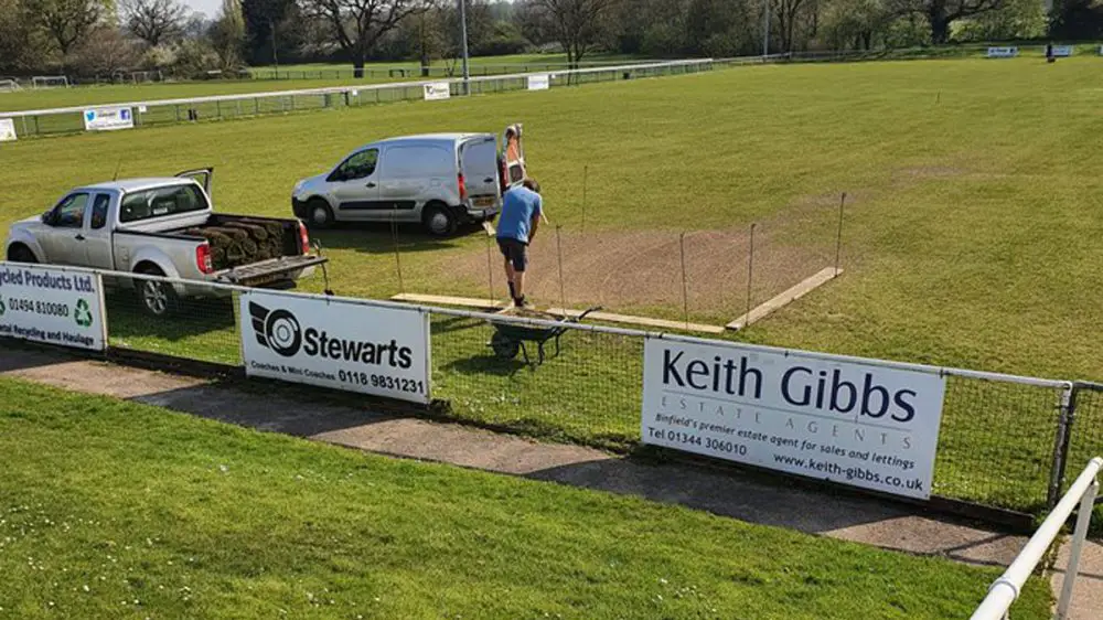 Work in the goal mouth at Binfield FC. Photo supplied by Binfield FC.