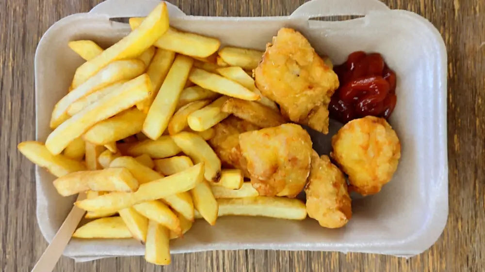 Chicken nuggets and chips at Burnham FC, £5 at the time of visit.